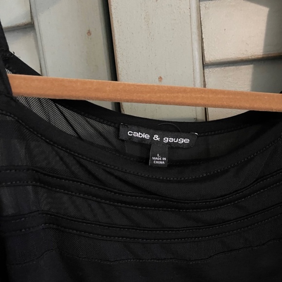 Cable and Gauge Cold Shoulder 3/4 Length Sleeve Top Mesh Neckline Black - Picture 5 of 14